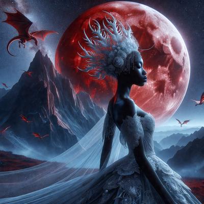 The primary subject of the image is a woman dressed in a white gown, standing in front of a red moon. The setting is a nighttime scene with a backdrop of a mountain. The visual style is a digital art or illustration, creating a surreal and dreamy atmosphere. The dominant colors are red and white, with the red moon adding a striking contrast to the scene.
